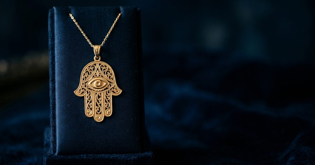 Gold Hamsa pendant on a chain in an elegant jewelry display