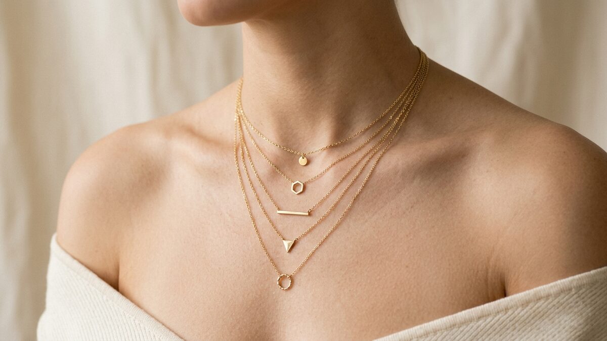 Layered Jewish jewelry styled on neutral linen