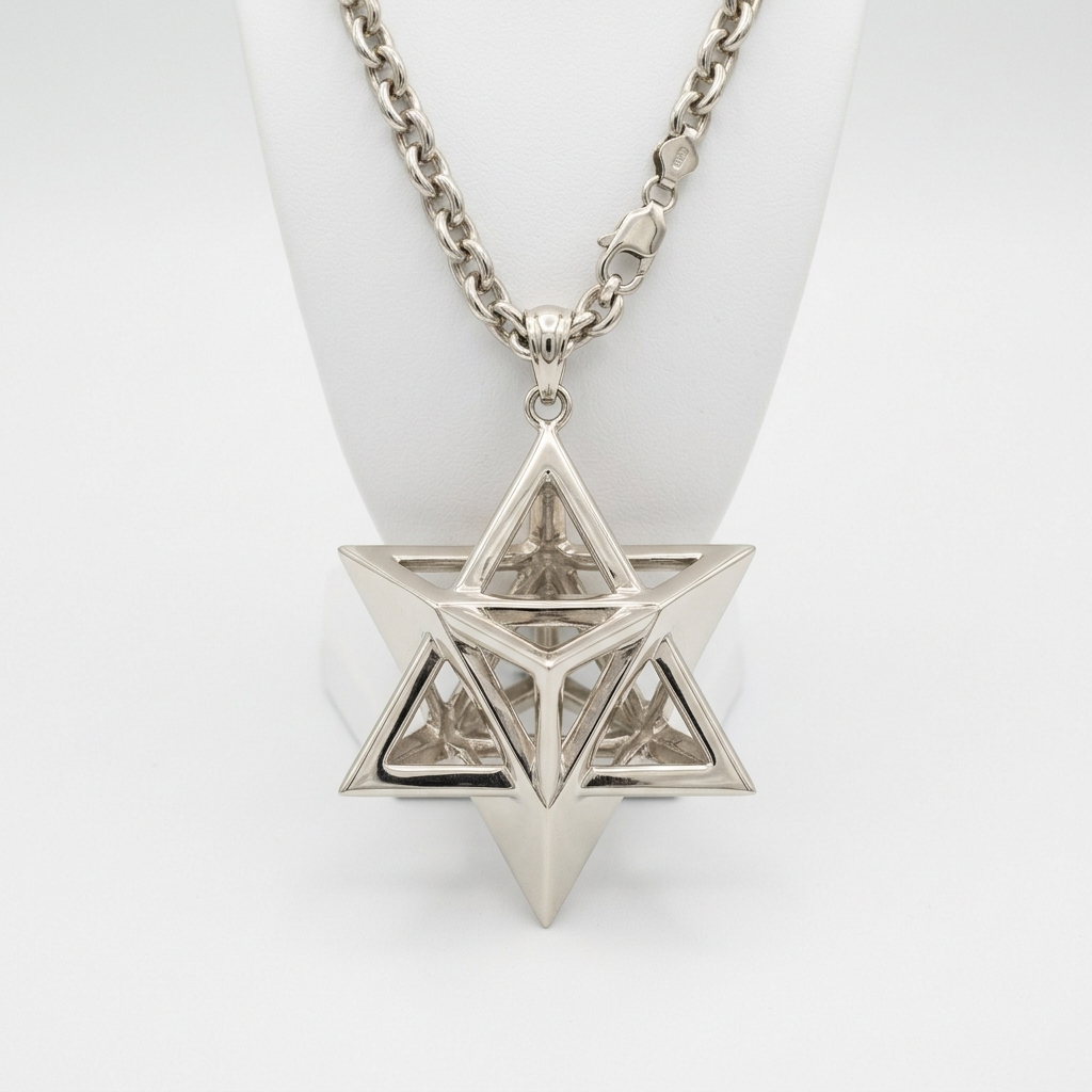 Large 3D Merkabah Star of David Pendant Necklace in 14K White Gold