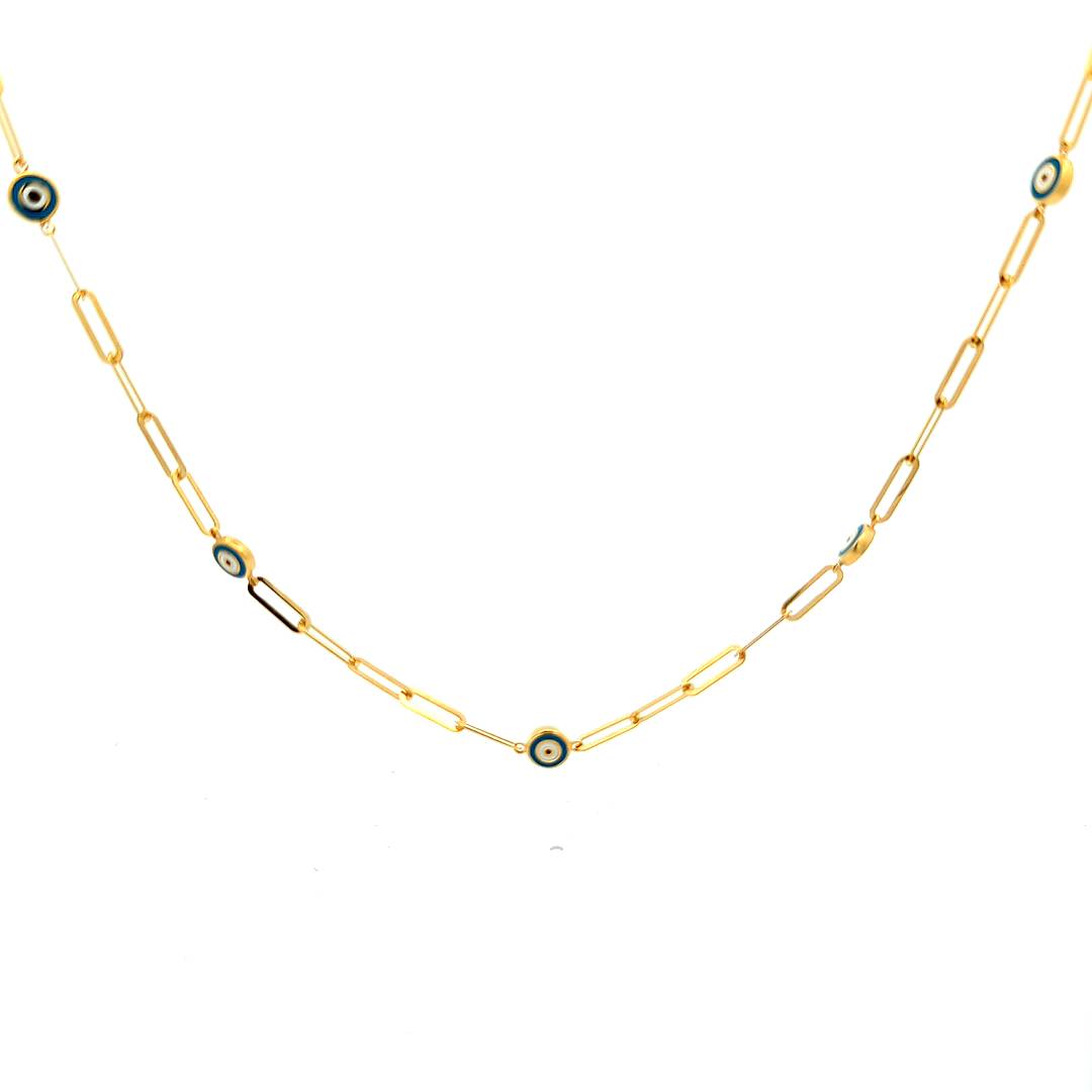 5 Evil Eye Paperclip Necklace — Yellow Gold