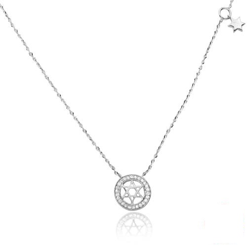 Diamond Star of David Circle Border Necklace — White Gold