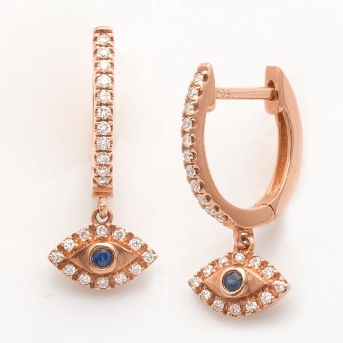 Huggie/Hoop Dangling Evil Eye Earrings — Rose Gold