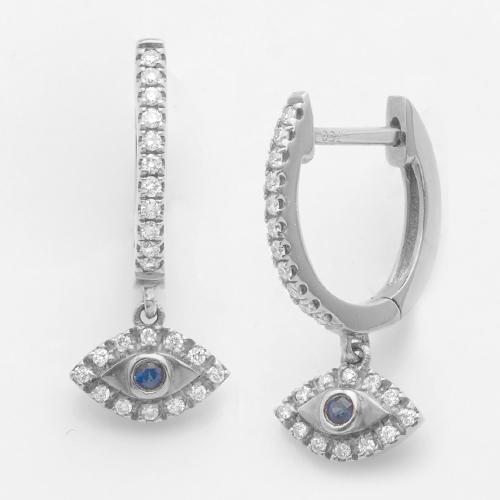 Huggie/Hoop Dangling Evil Eye Earrings — White Gold