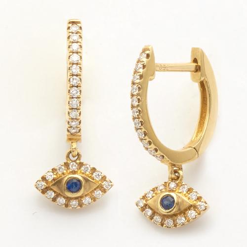 Huggie/Hoop Dangling Evil Eye Earrings — Yellow Gold