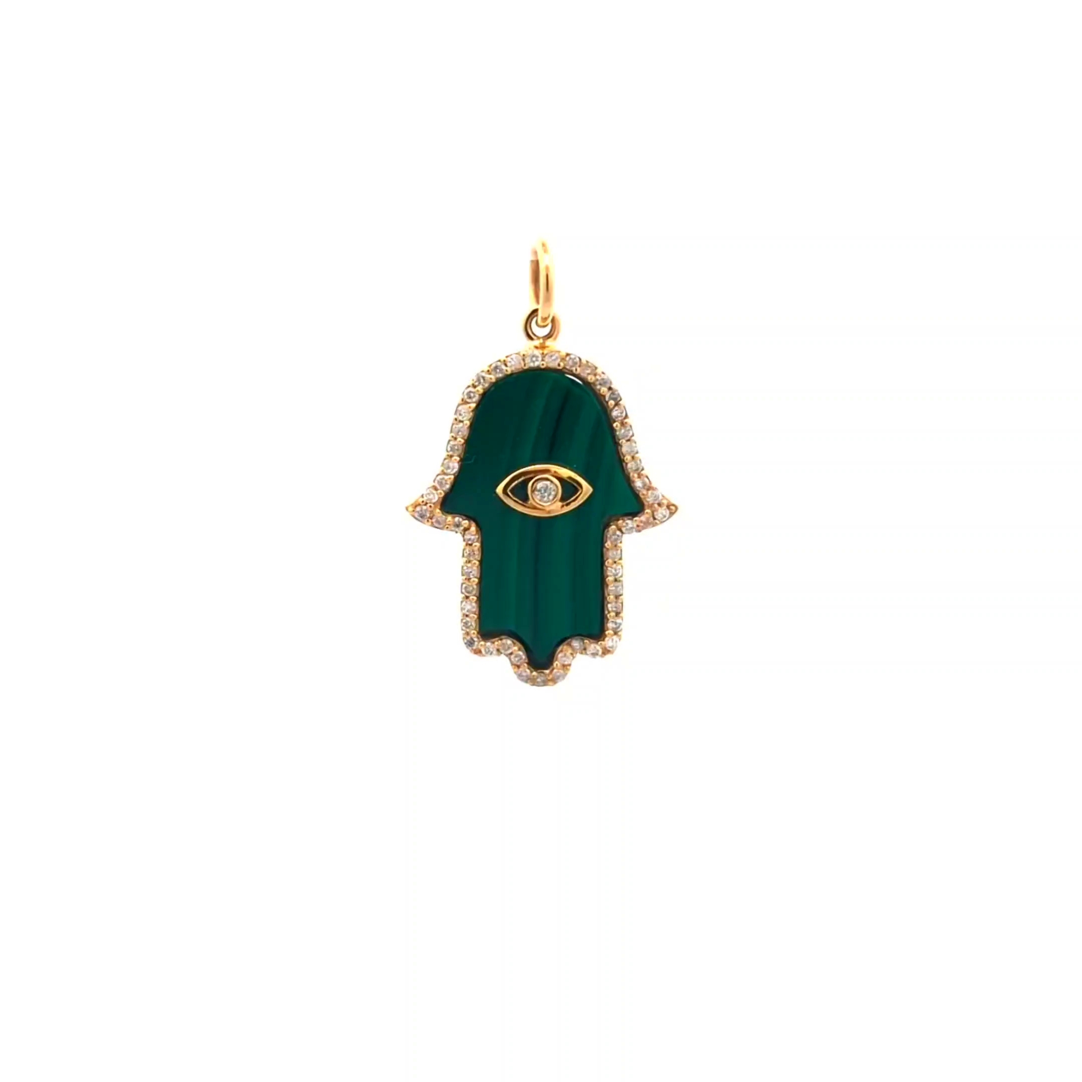 Malachite Hamsa Diamond Pendant — Yellow Gold